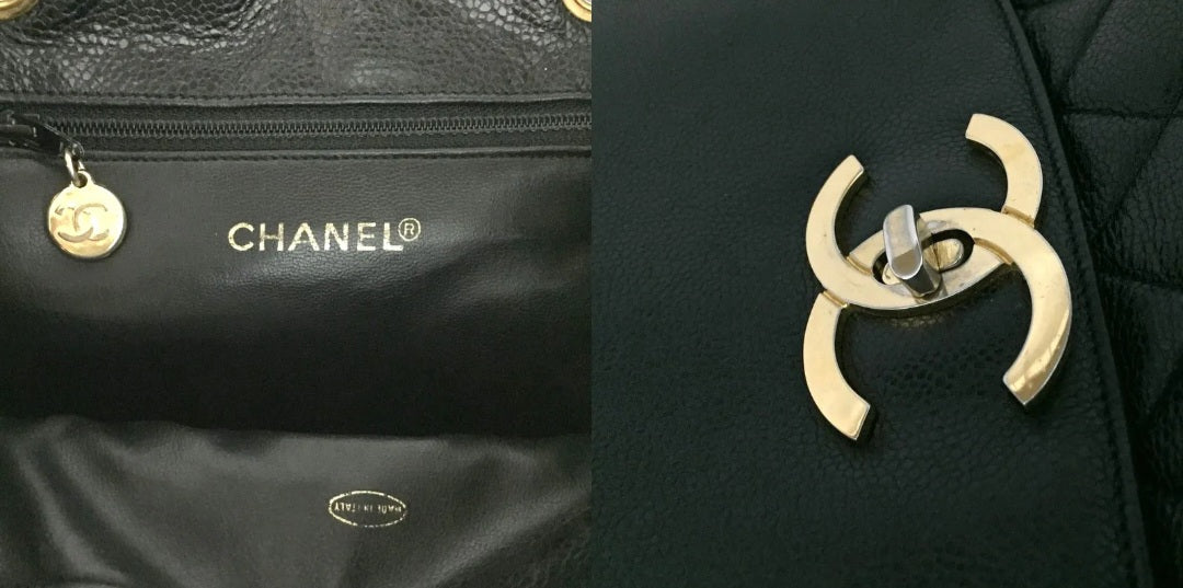 Preowned CHANEL Quilted Matelasse CC Logo Caviar Skin Chain Backpack Black